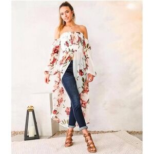 Willow + Root Off Shoulder Maxi Top Smocked Cream Red Floral Sheer Fairy Sz M